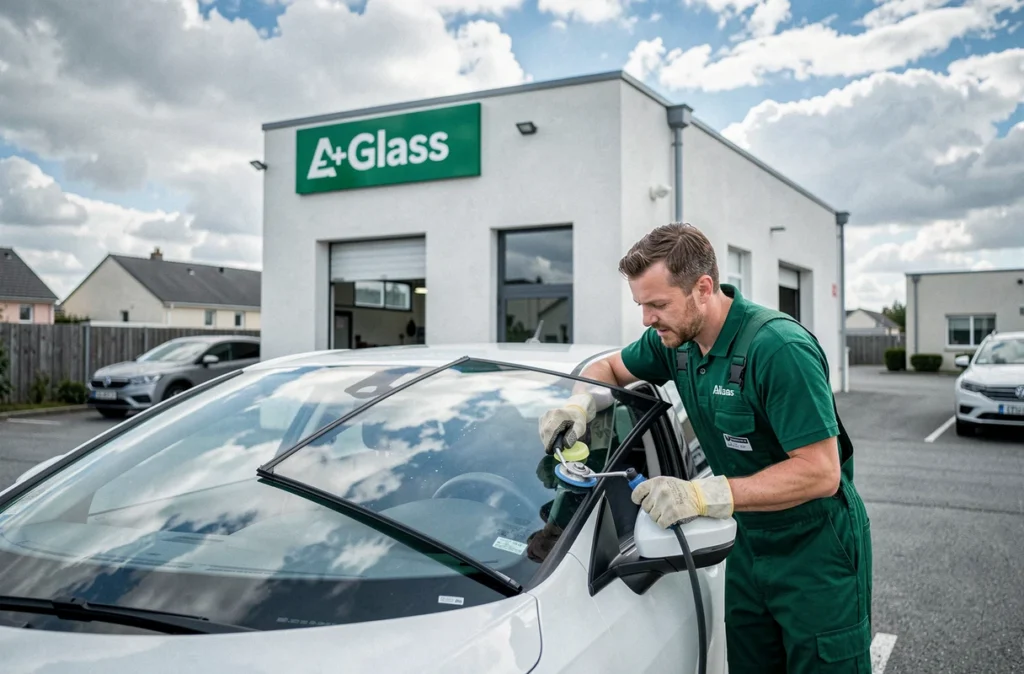 Technicien A+Glass retirant un pare-brise sur un SUV blanc devant l'atelier de Saint-Doulchard