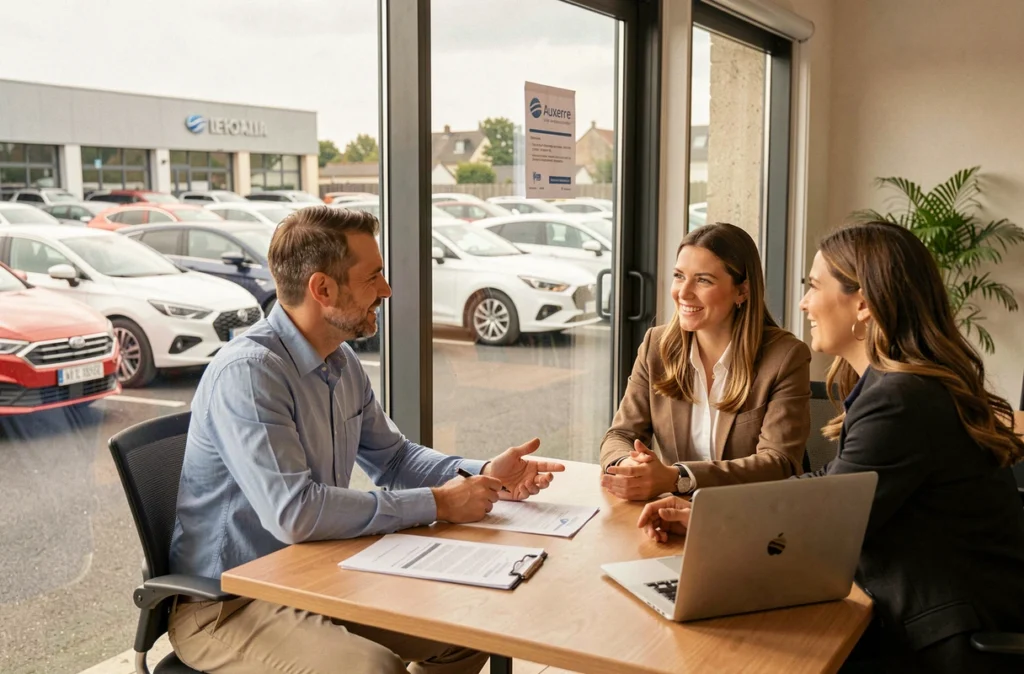 Conseiller BodemerAuto Auxerre discutant de reprise et de financement avec des clients dans la concession multimarque