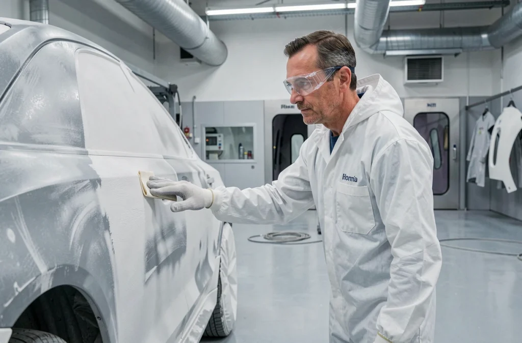 Technicien en carrosserie réparant la carrosserie d'un véhicule à la Carrosserie du Versoud