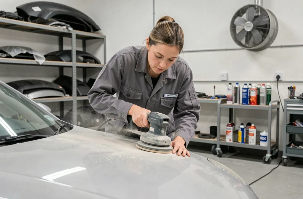Carrossière ponçant le capot d'un véhicule avec soin à la Carrosserie de l'étoile en Isère