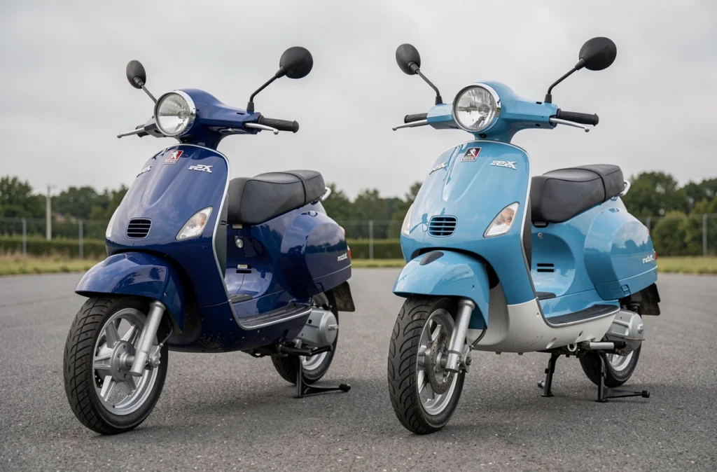 Comparaison côte à côte d'un 103 SP bleu original et d'un modèle repeint, différences de teinte et de finition visibles
