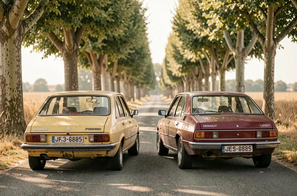 Comparaison d'une Renault 8 série jaune et d'une Renault 10 préparée rouge côte à côte sur une route de campagne française