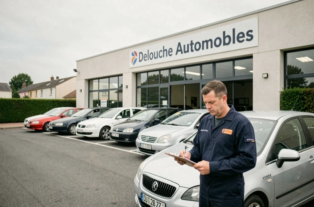 Extérieur du garage multimarque Delouche Automobiles à Vierzon avec mécanicien et véhicules en exposition