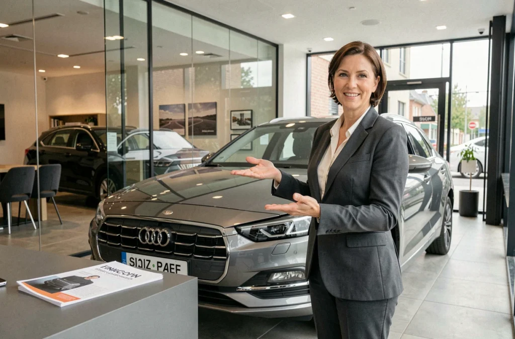 Conseillère commerciale présentant une voiture d'occasion récente et des solutions de financement dans le showroom Distinxion de Dijon