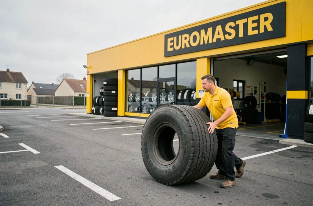 Technicien Euromaster déplaçant un pneu devant le centre de pneumatiques et entretien automobile de Bourges