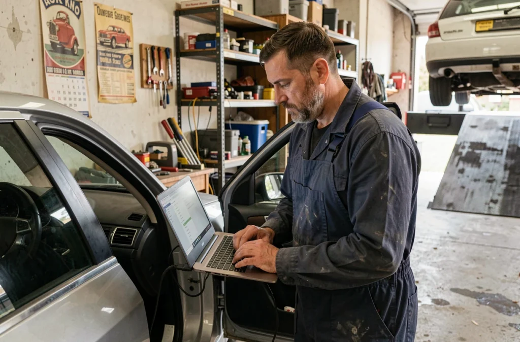 Mécanicien effectuant un diagnostic électronique sur un véhicule au Garage Lopes en Isère