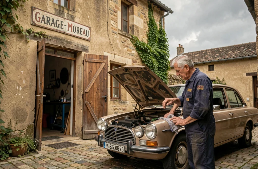 Mécanicien du Garage Moreau devant un véhicule capot ouvert dans la cour de l'atelier à Saint-Amand-Montrond