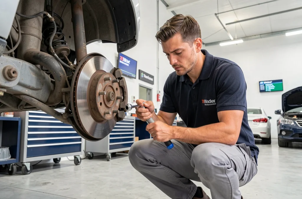 Technicien automobile inspectant les freins d'un véhicule soulevé au Garage Oltra Autos en Isère