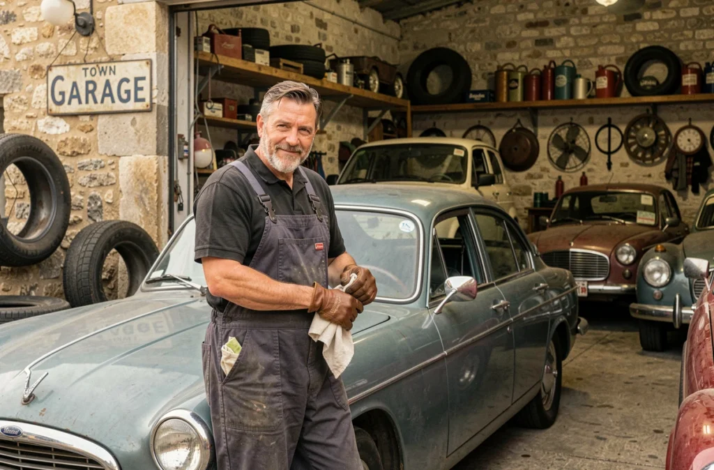 Mécanicien expérimenté posant devant un véhicule au Garage du Péage Mossan Automobiles en Isère