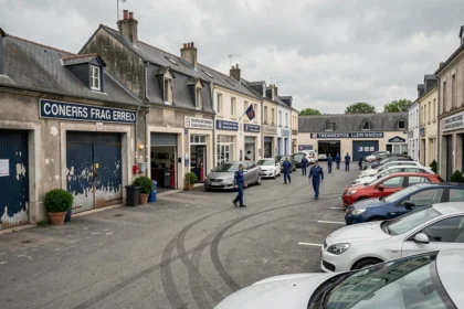 Vue panoramique d'une rue de garages automobiles dans le département du Cher, avec mécaniciens et véhicules garés