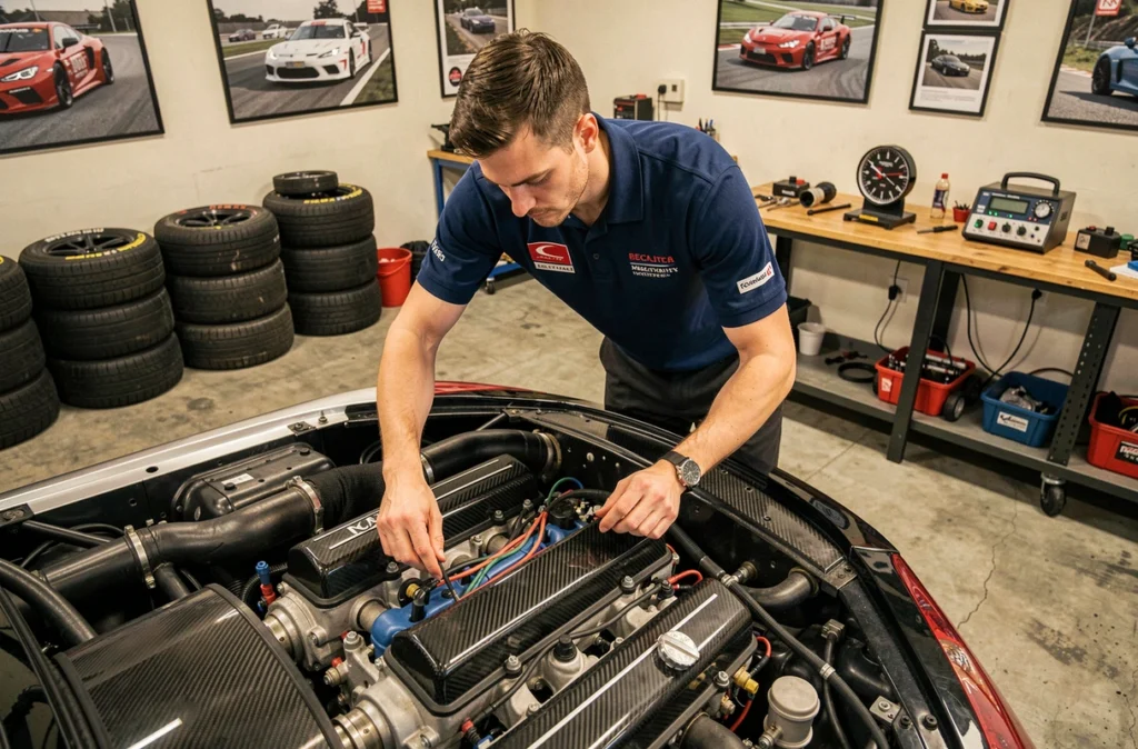 Mécanicien spécialisé en préparation motorsport travaillant sur un moteur haute performance chez LUDO MOTORSPORT en Isère