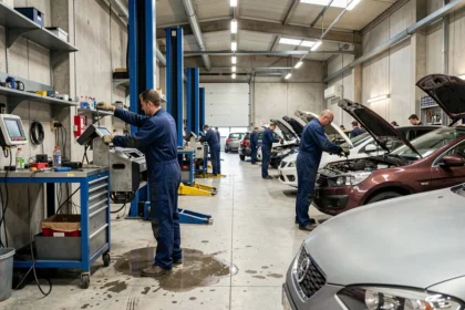 Vue panoramique d'un garage automobile professionnel en Isère avec plusieurs mécaniciens au travail
