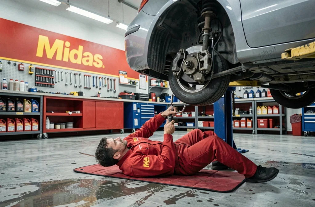 Mécanicien en uniforme Midas effectuant une vidange sous un véhicule surélevé dans l'atelier de Bourges