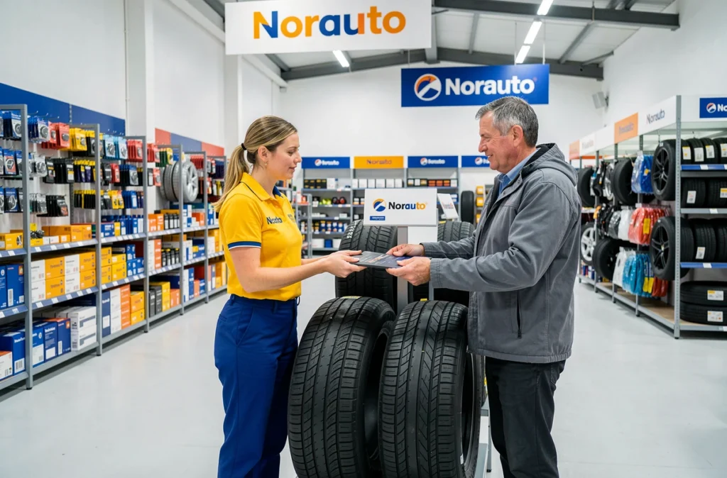 Conseillère Norauto aidant un client à choisir des pneus dans le centre multiservice de Saint-Doulchard