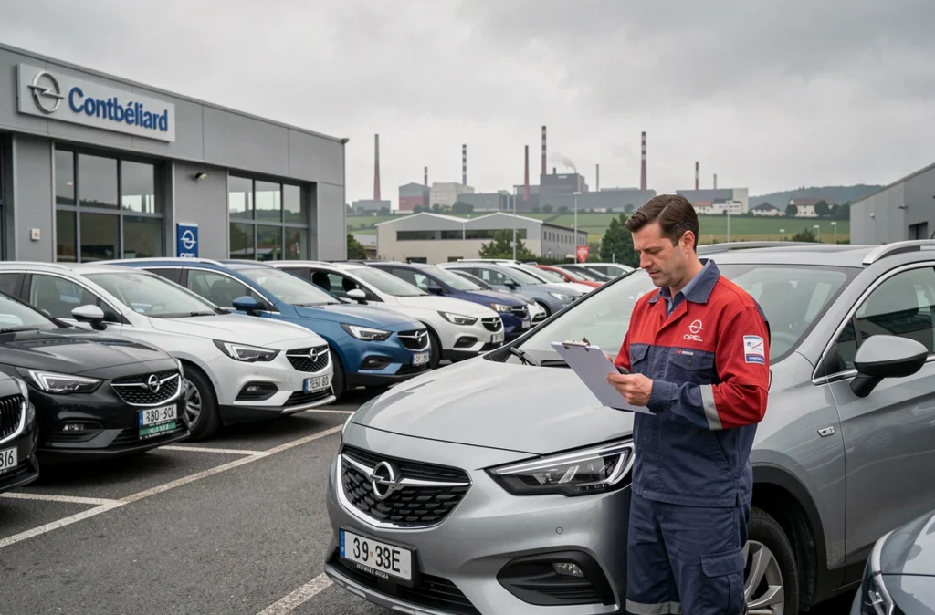 Technicien Opel Montbéliard du Groupe Chopard vérifiant une voiture d'occasion constructeur dans le Pays de Montbéliard
