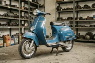 Peugeot 103 SP bleu d'origine garé dans un atelier vintage, peinture factory authentique avec patine naturelle