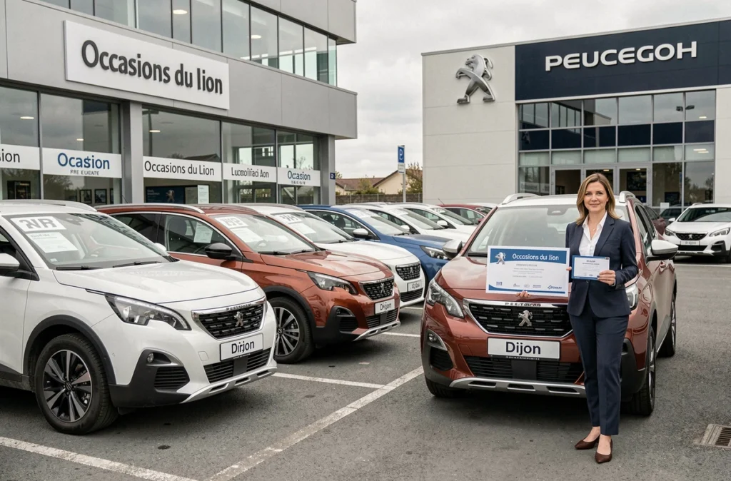 Conseillère commerciale Peugeot PSA Retail Dijon devant des véhicules d'occasion certifiés Occasions du Lion