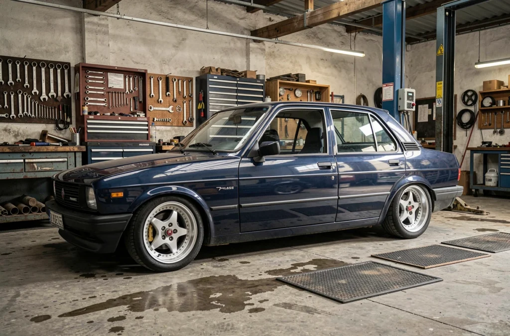 Renault 10 préparée bleu marine dans un garage vintage avec suspensions abaissées et jantes sport, vue de profil en atelier
