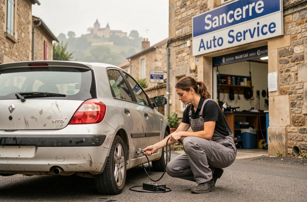 Mécanicienne effectuant un contrôle de pression de pneus au garage Sancerre Auto Service