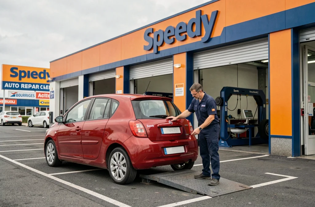 Technicien Speedy guidant un véhicule sur une rampe d'alignement devant le centre de Bourges