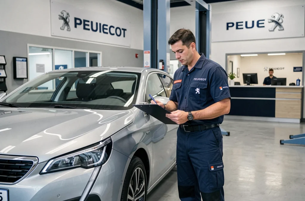 Mécanicien agréé Peugeot effectuant la révision d'un véhicule chez V.B.C.R. AUTO Peugeot en Isère
