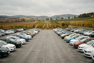 Vue panoramique d'un parc de voitures d'occasion en Bourgogne-Franche-Comté avec vignobles en arrière-plan